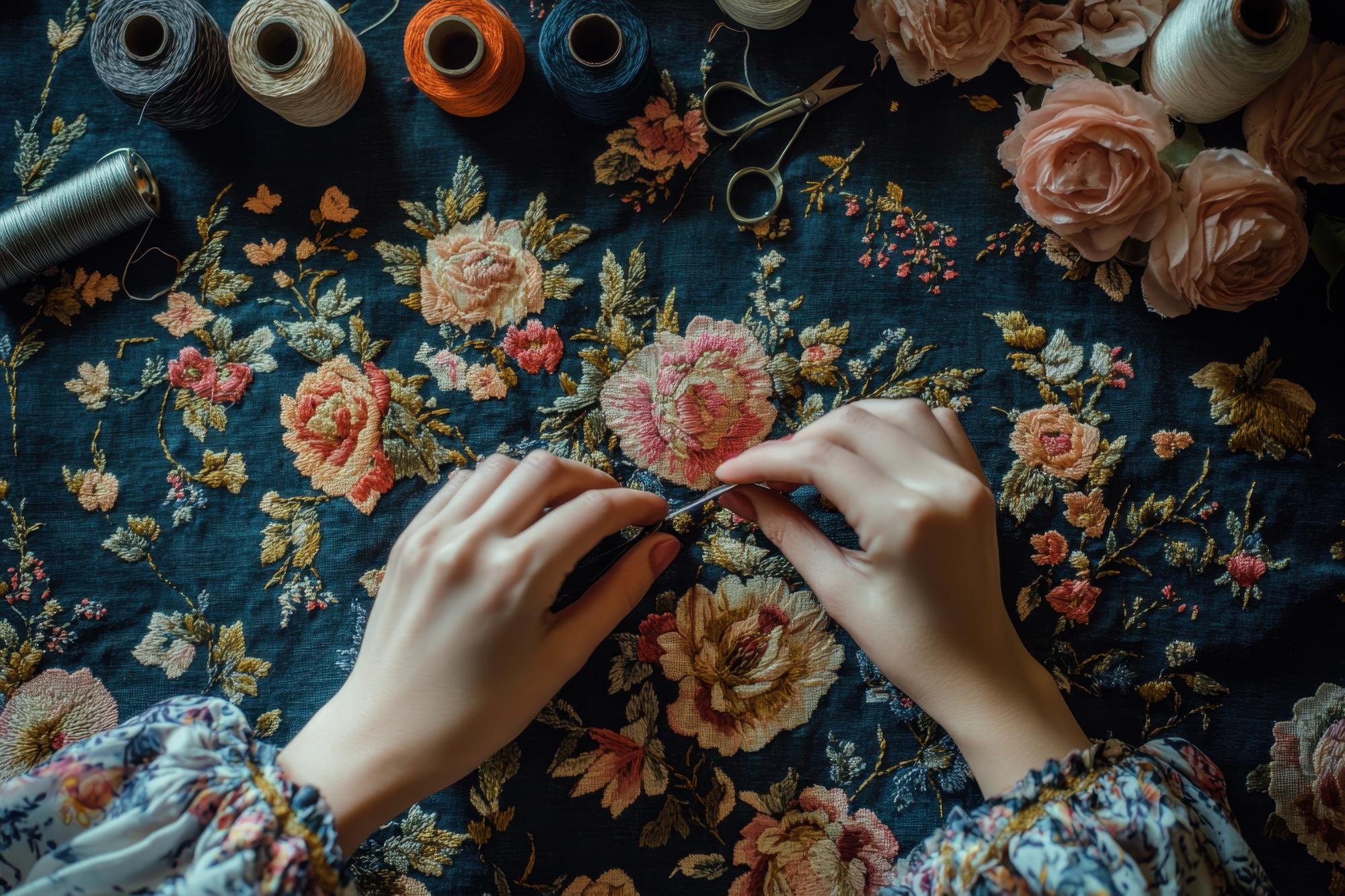 Craftsman sewing intricate floral embroidery